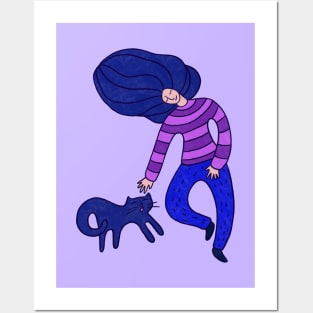 Cool girl with blue hair and blue cat walking, version 4 Posters and Art